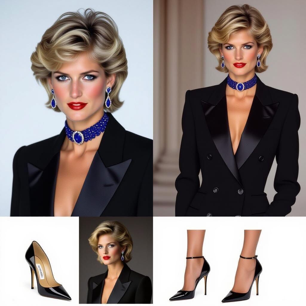 Princess Diana in Modern Tuxedo: High-Fashion Editorial Port...