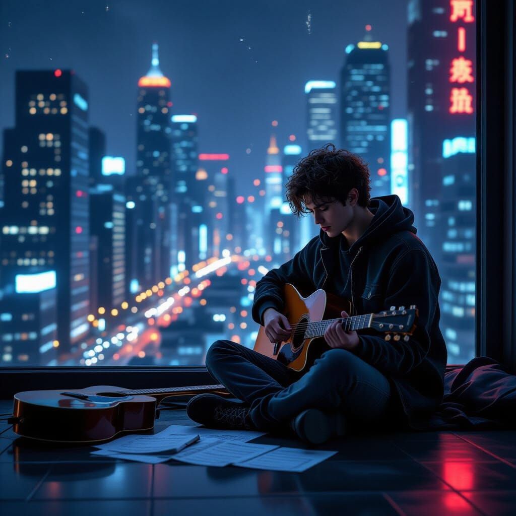 Musician's Creative Block in a Cyberpunk Cityscape