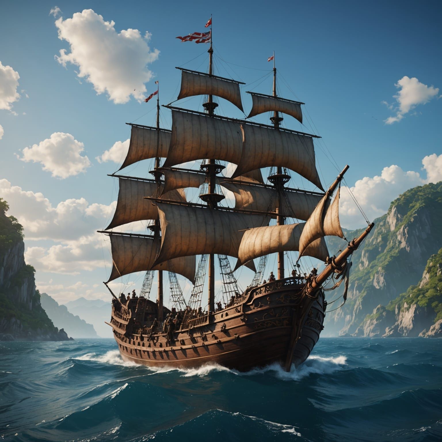 Baroque Wooden Sailing Ship in a Turquoise Sea