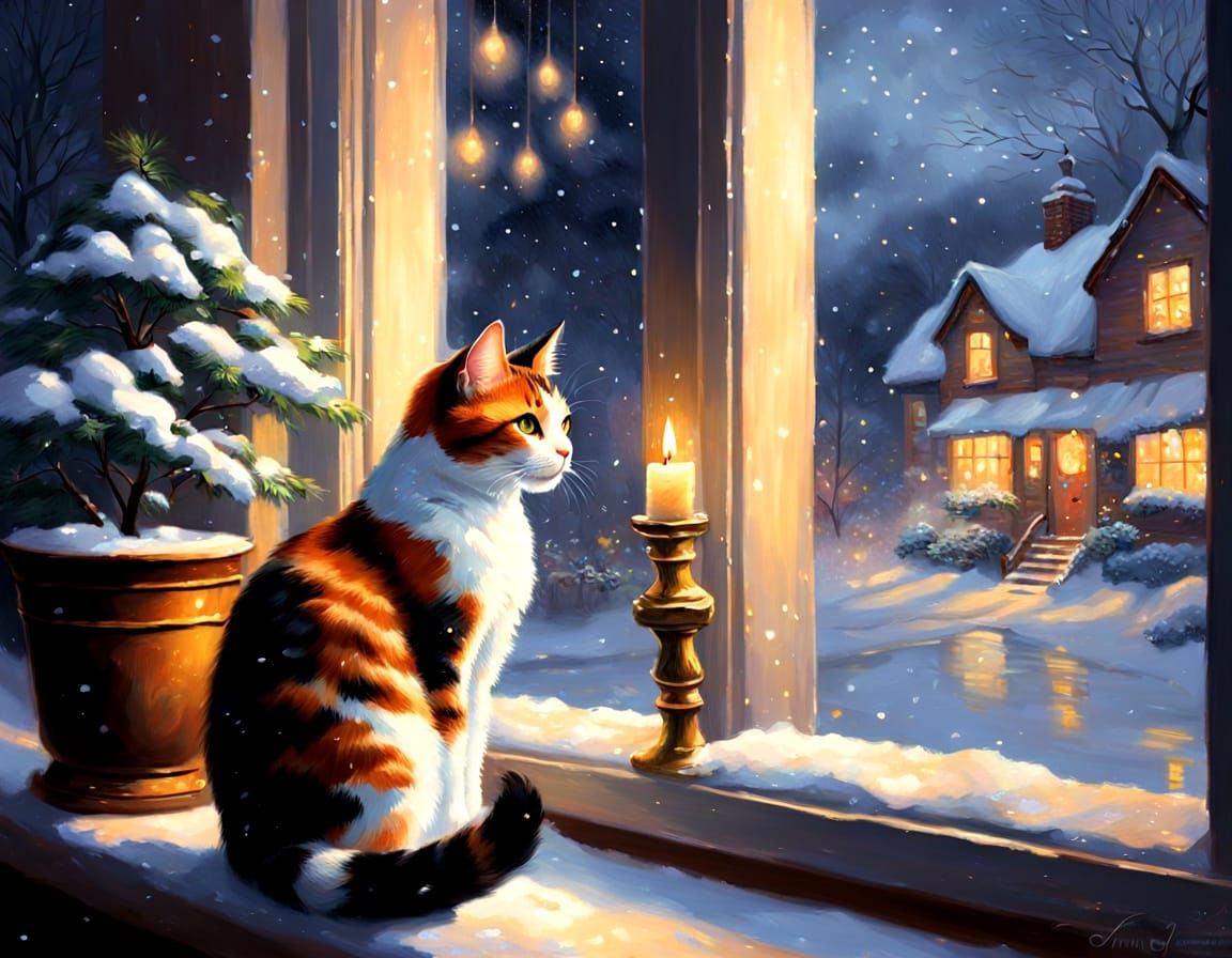 Calico Cat Gazes at Winter Wonderland from Cosy Window