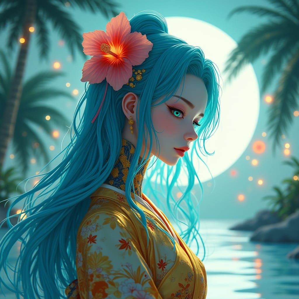 Cyberpunk Geisha on Tropical Island