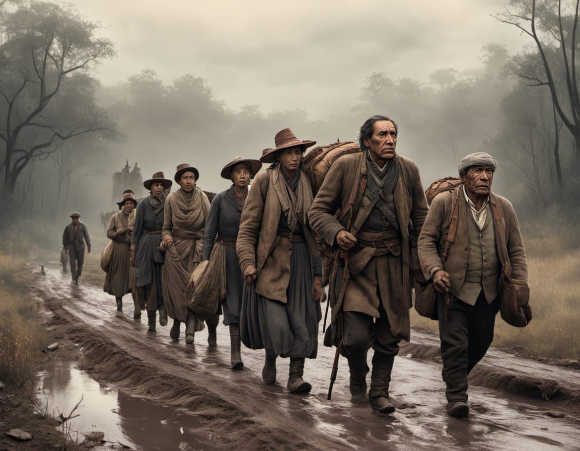 Cherokee People's Journey in 19th Century Pixar Style