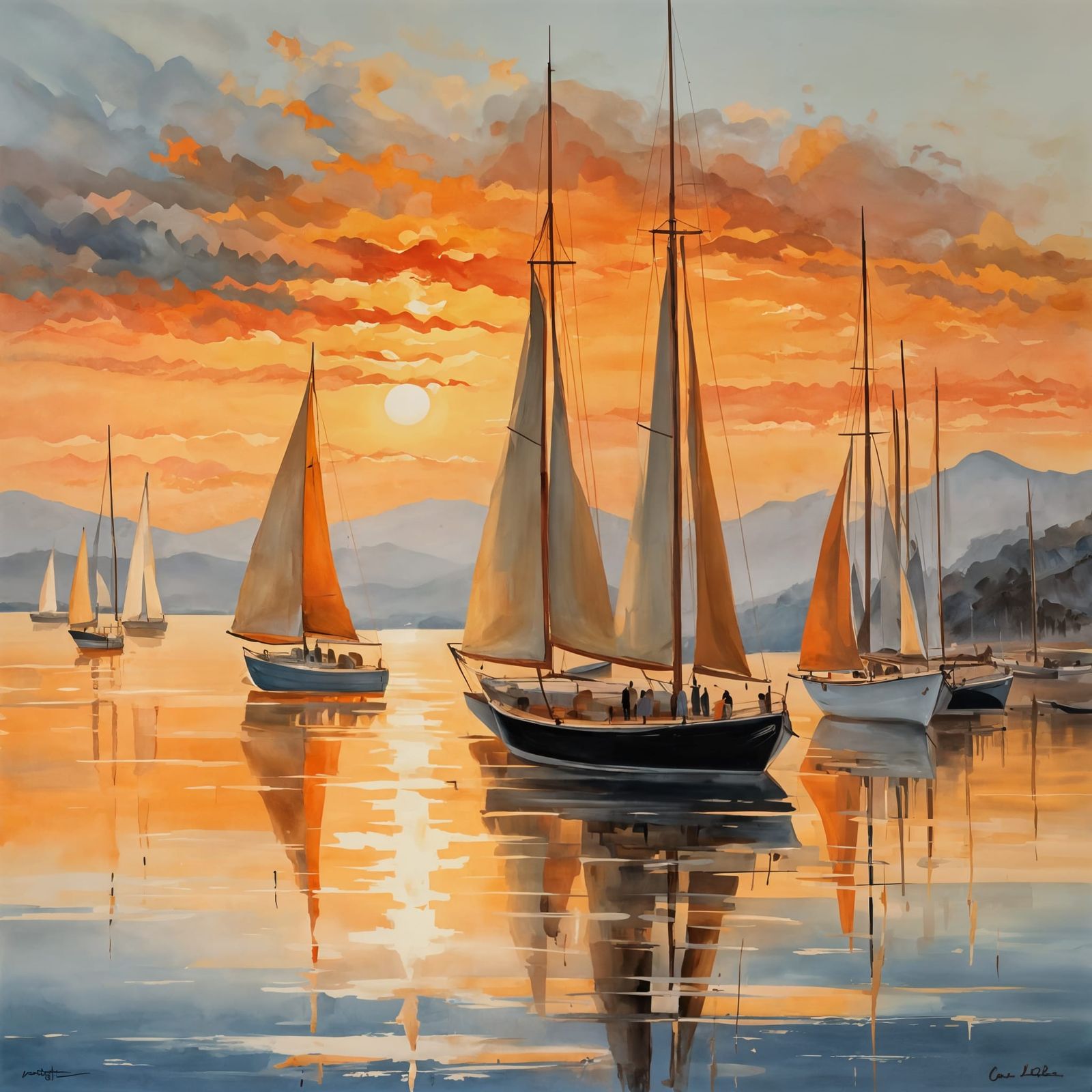 Fiery Sunset Seascape Oil Painting