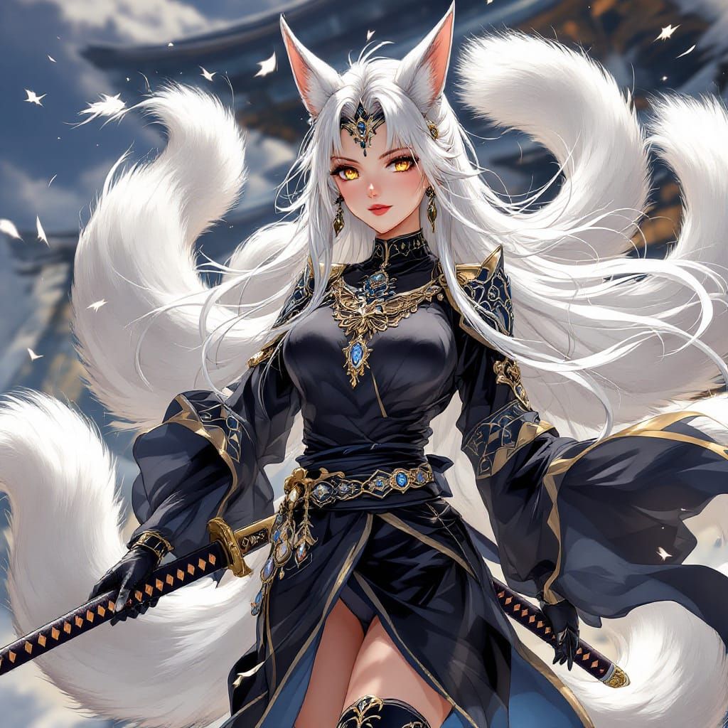 Anime Kitsune Admiral in Black Battle Kimono