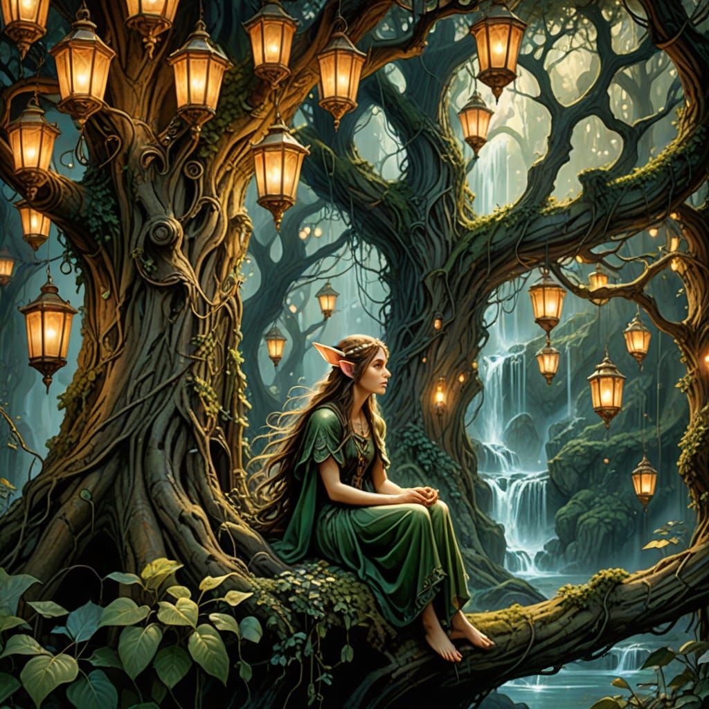 Elven City Inside Ancient Tree, Art Nouveau Style