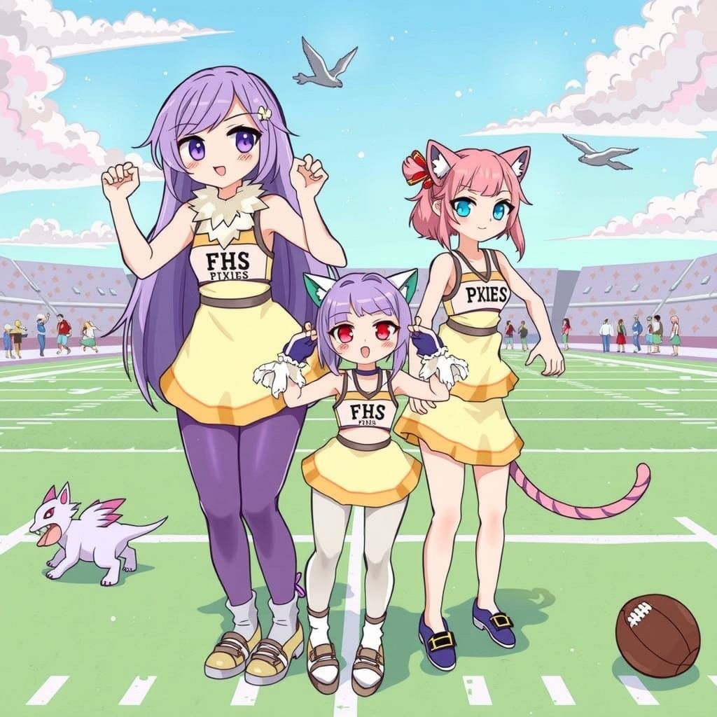 Cheerleaders in Pyramid Formation, Pastel Art Style