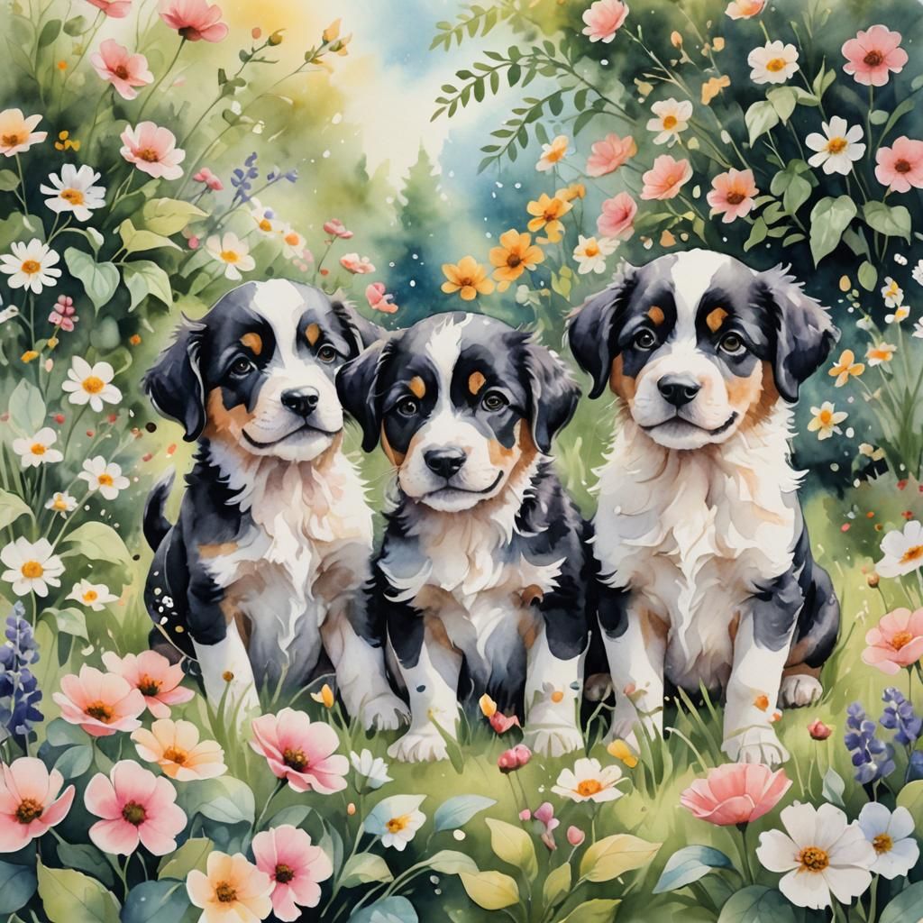 Whimsical Watercolor Puppies Playing in a Garden