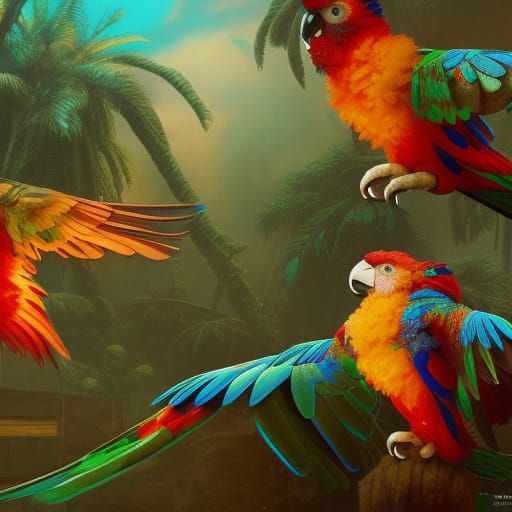 Tiki Parrots in Detailed Matte Painting