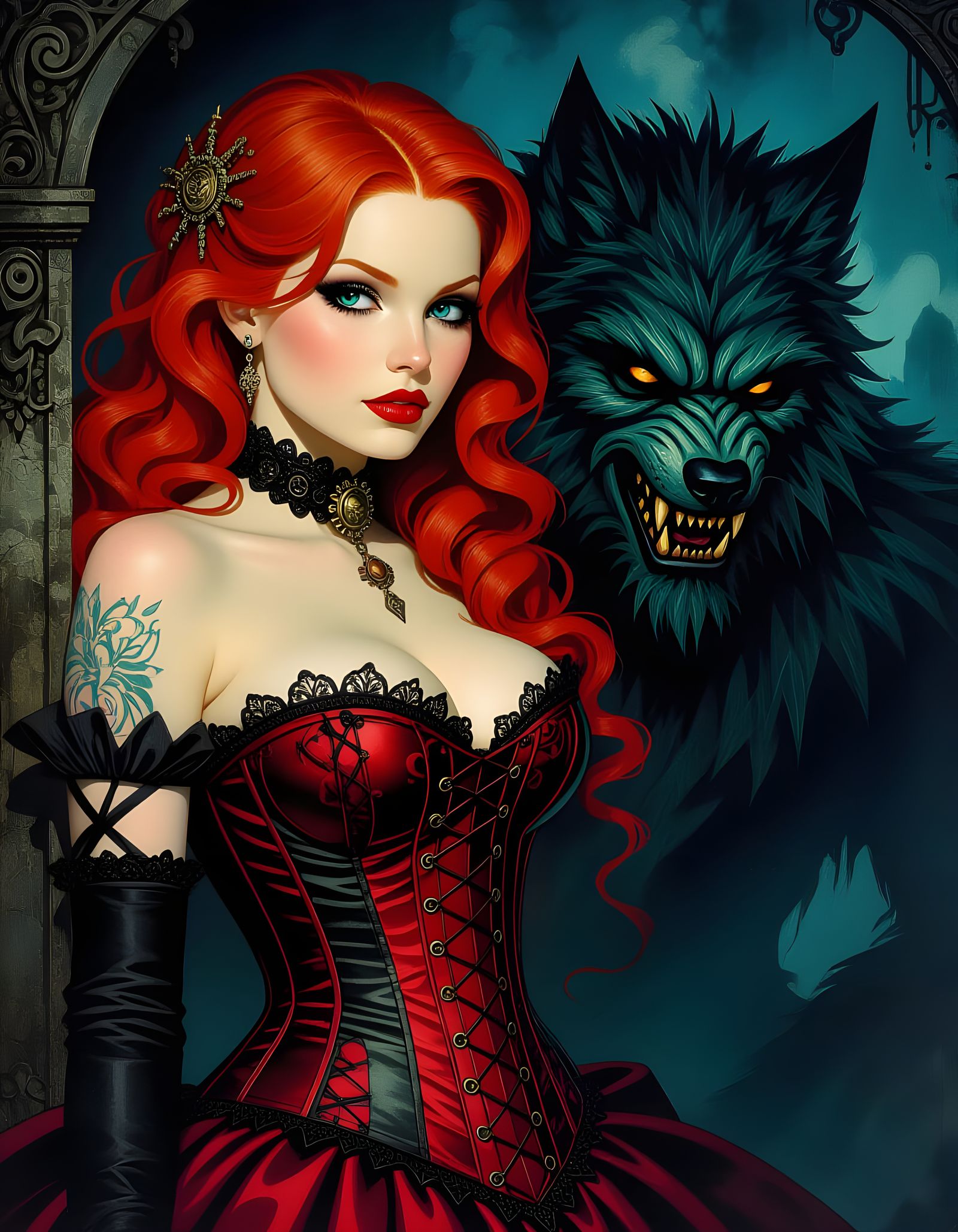 Steampunk Woman with Wolfman in Gothic Horror Style