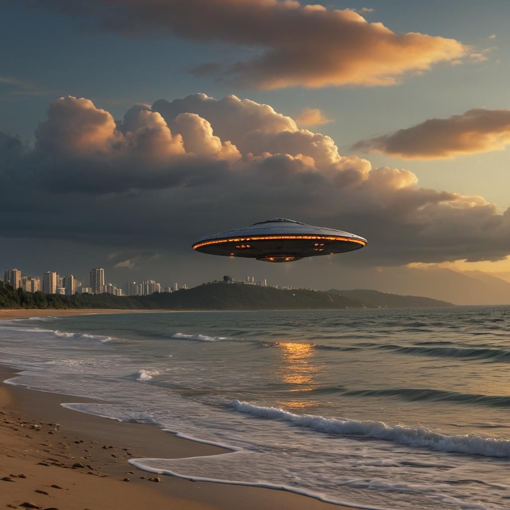 UFO-Ship Hybrid at Sunset Over Brazilian Beach