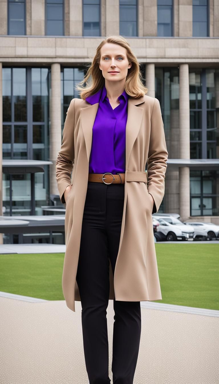 Woman in Purple Blouse Outside University Library