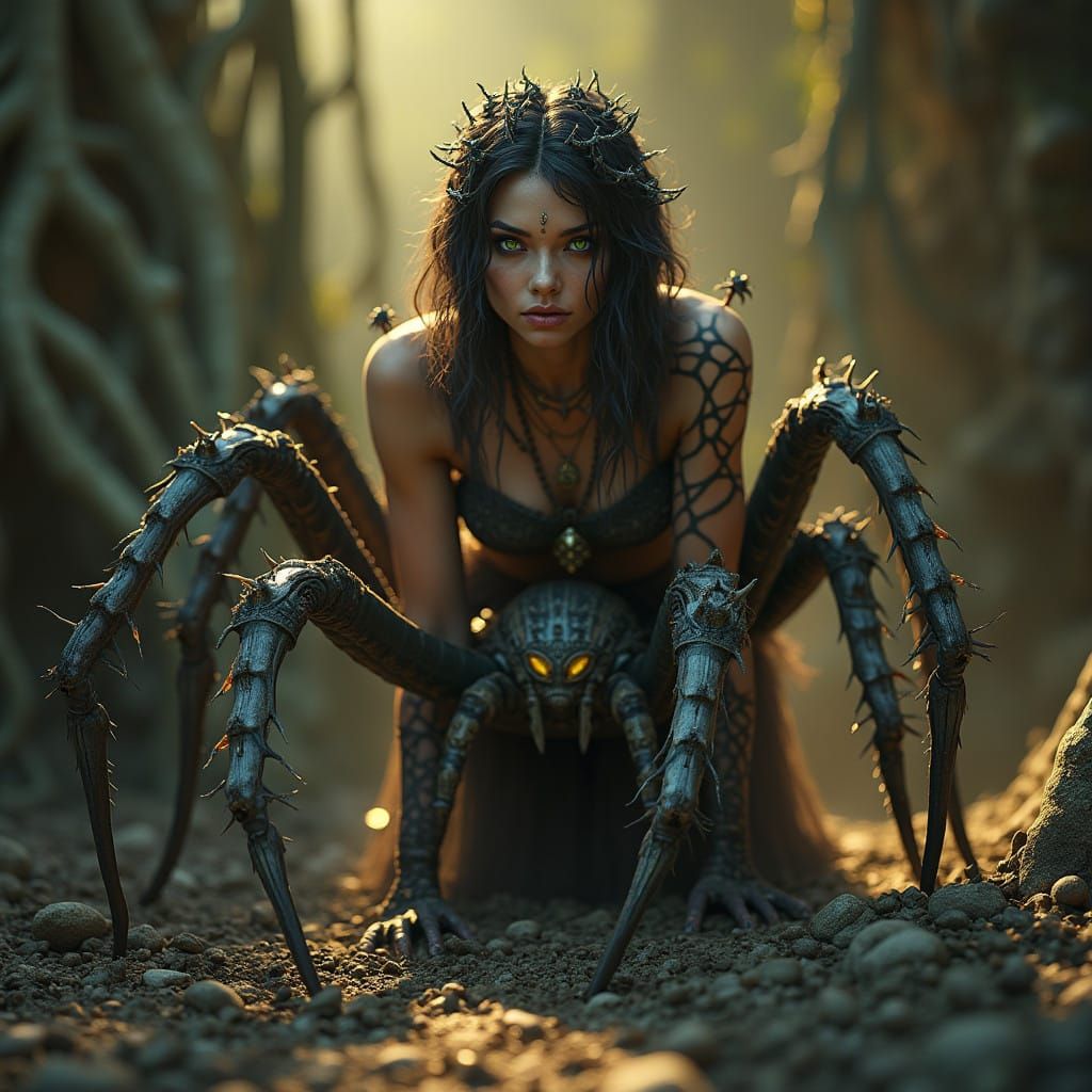 Hyper-Realistic Half-Spider, Half-Woman Hybrid in Dark, Myst...