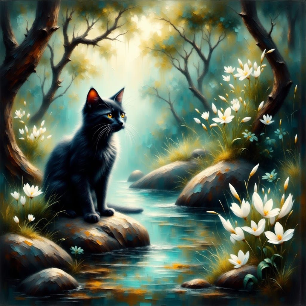 Vibrant Impasto Painting of a Black Cat in a Forest Glade