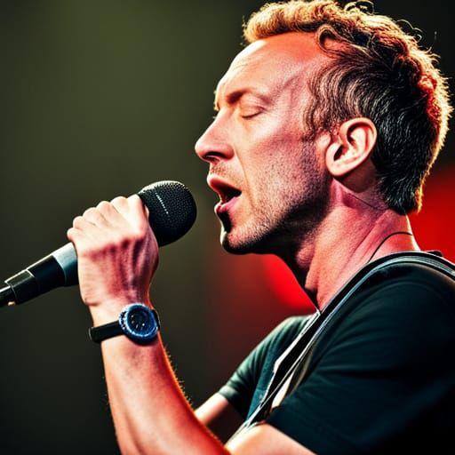 Chris Martin Singing with Eyes Closed, Hyperrealistic