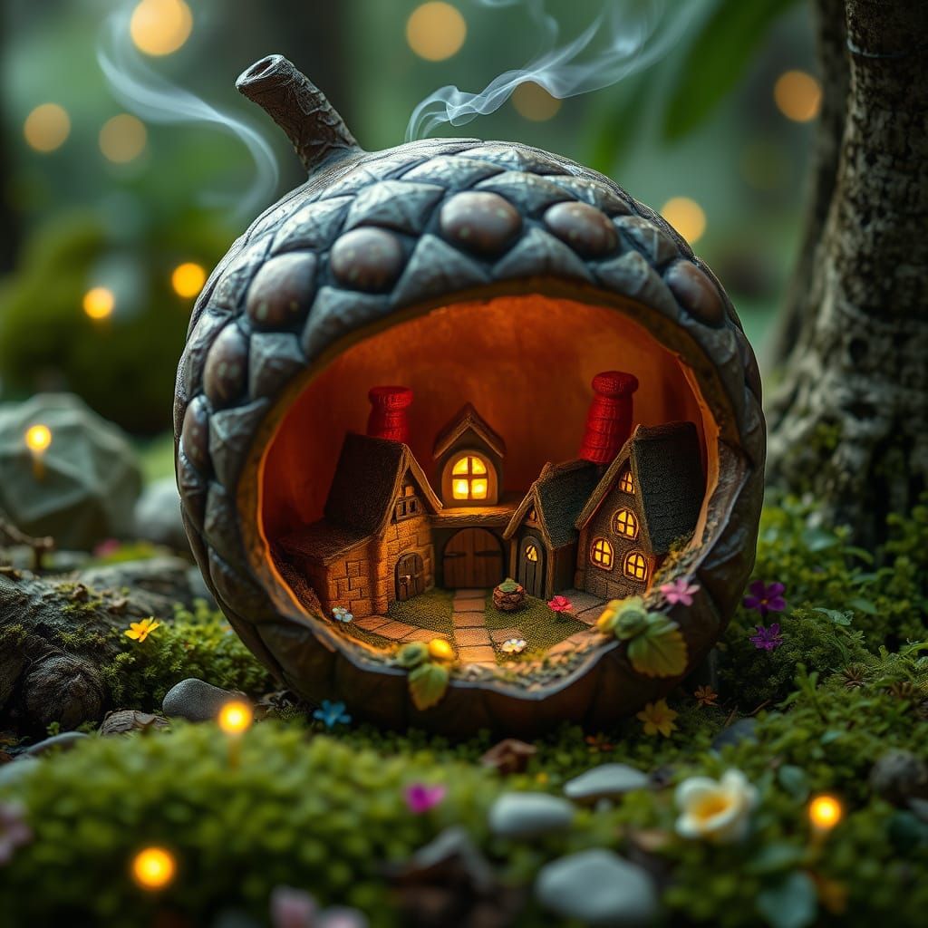 Enchanting Gnome Village Inside Acorn, Fantasy Art