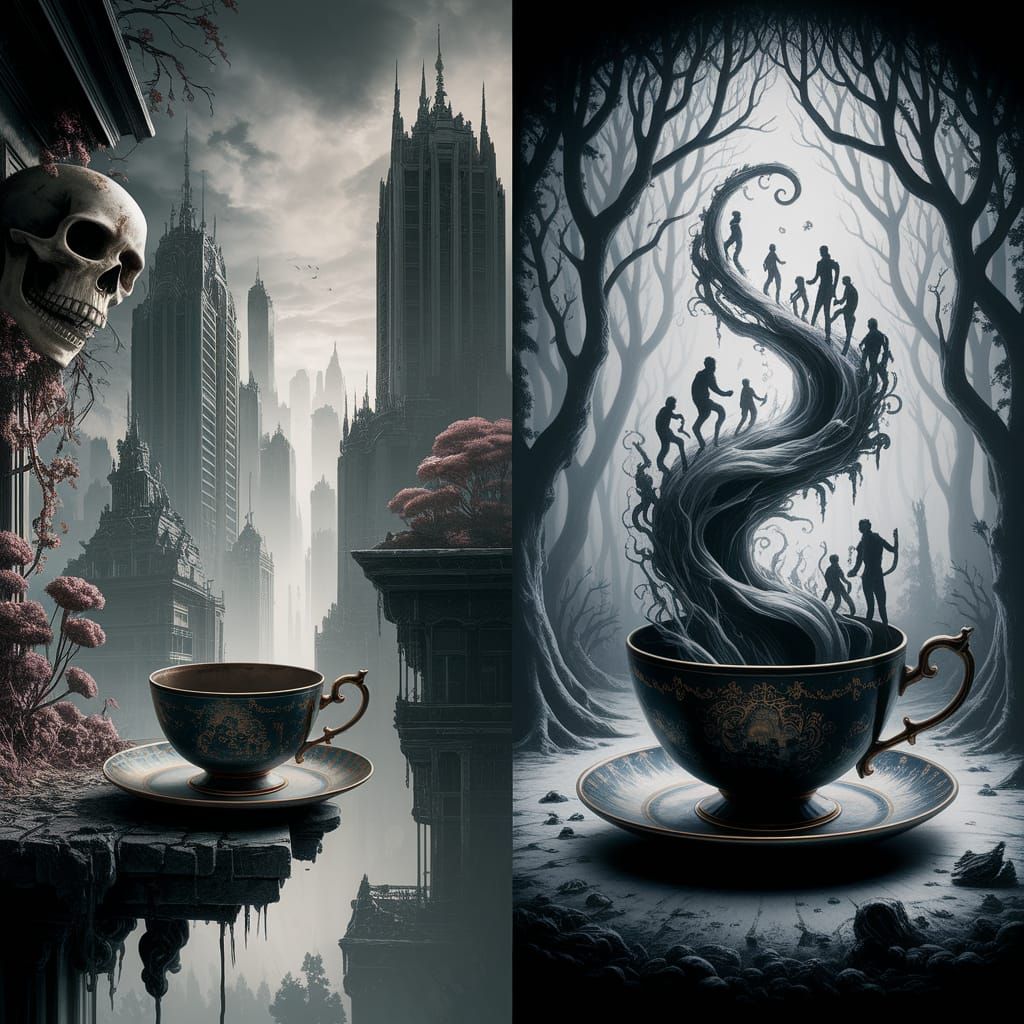 Post-Apocalyptic Cityscape With Alien Flora and Teacup Porta...