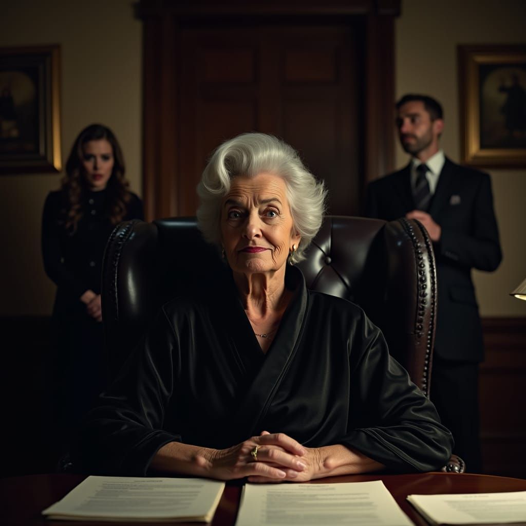 Powerful Elder Woman in Study, Thriller Movie Poster Style