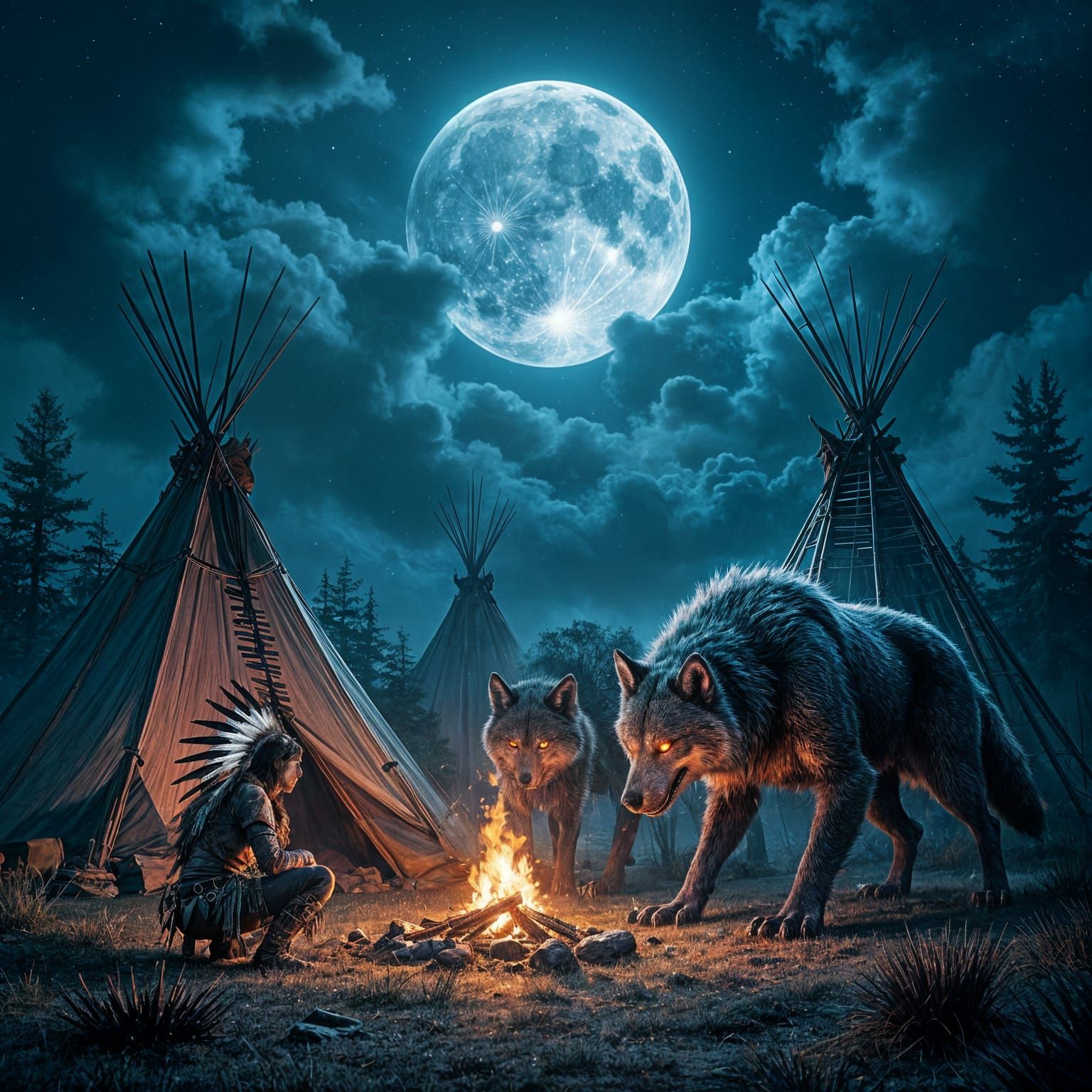 Steampunk Wolves Haunt Dark Fantasy Native American Camp