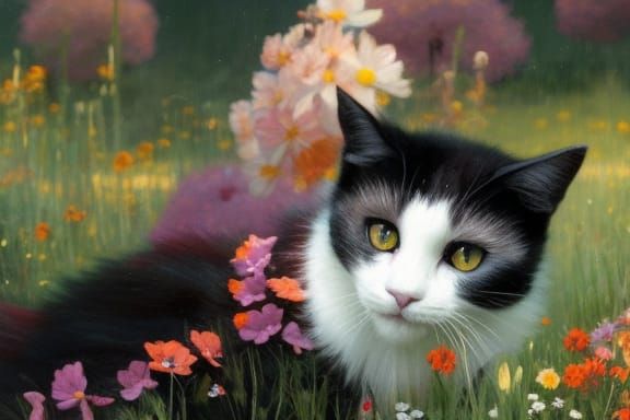 Cat in Flower Meadow, Art Nouveau Style