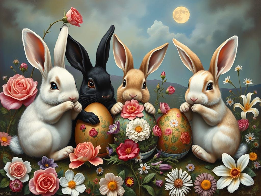 Surreal Renaissance Bunnies Painting Easter Eggs