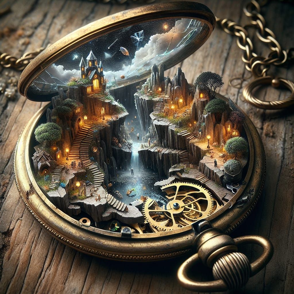 A miniature fantasy world enclosed in the cracked glass lens...