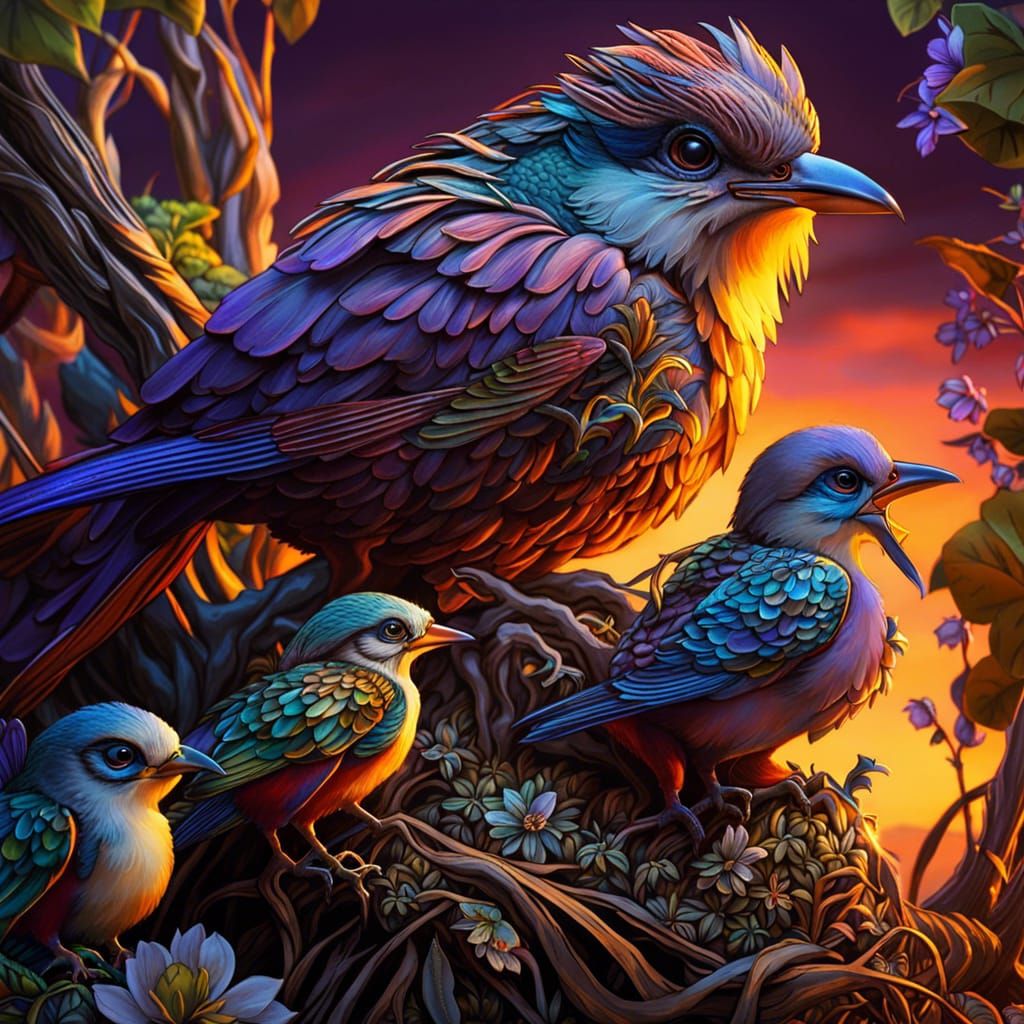 Maximalist Bird Family in Fantasy Sunset