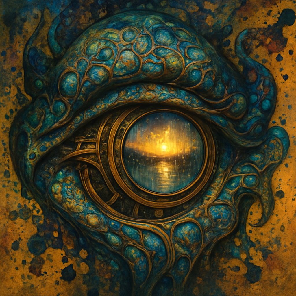 Steampunk Eye Gazing at Rainy Sunrise, Hyperrealistic Art