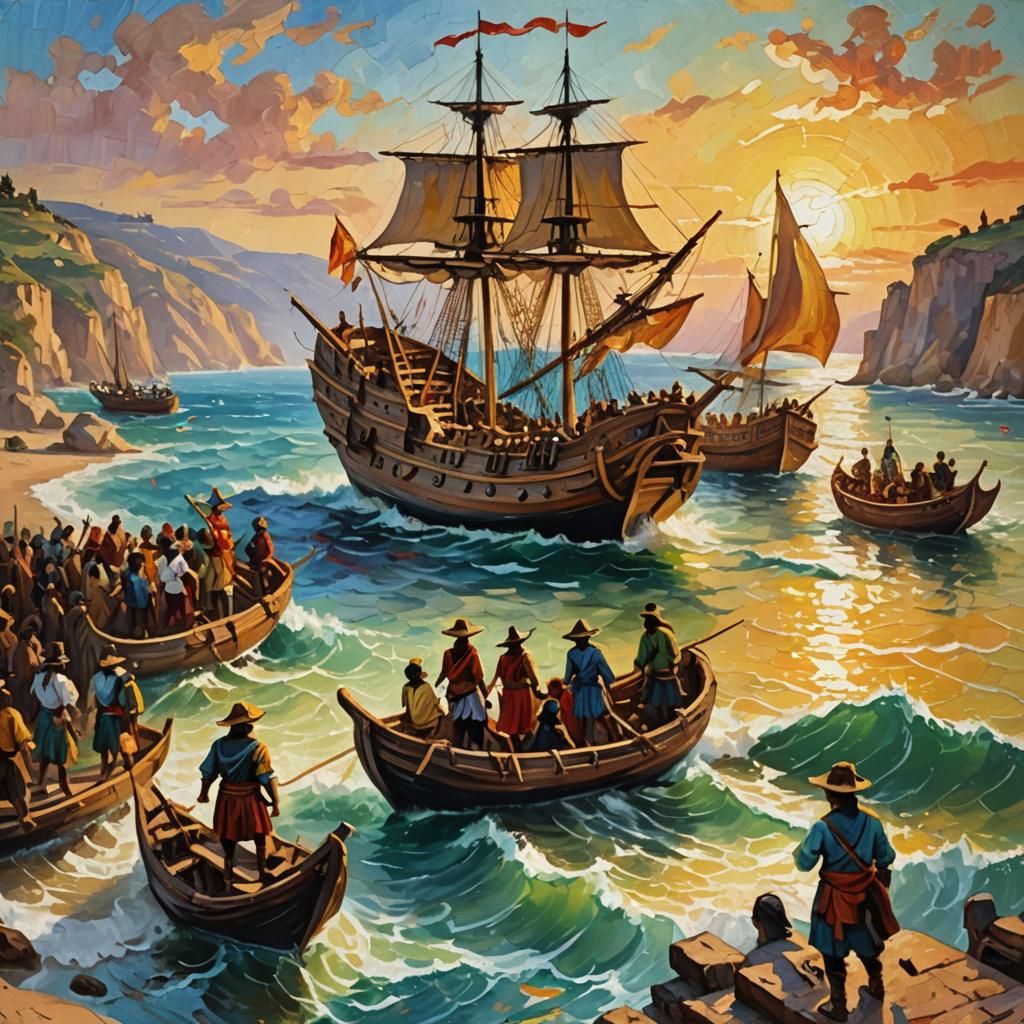 Conquistadors Arriving in the New World as Impasto Painting