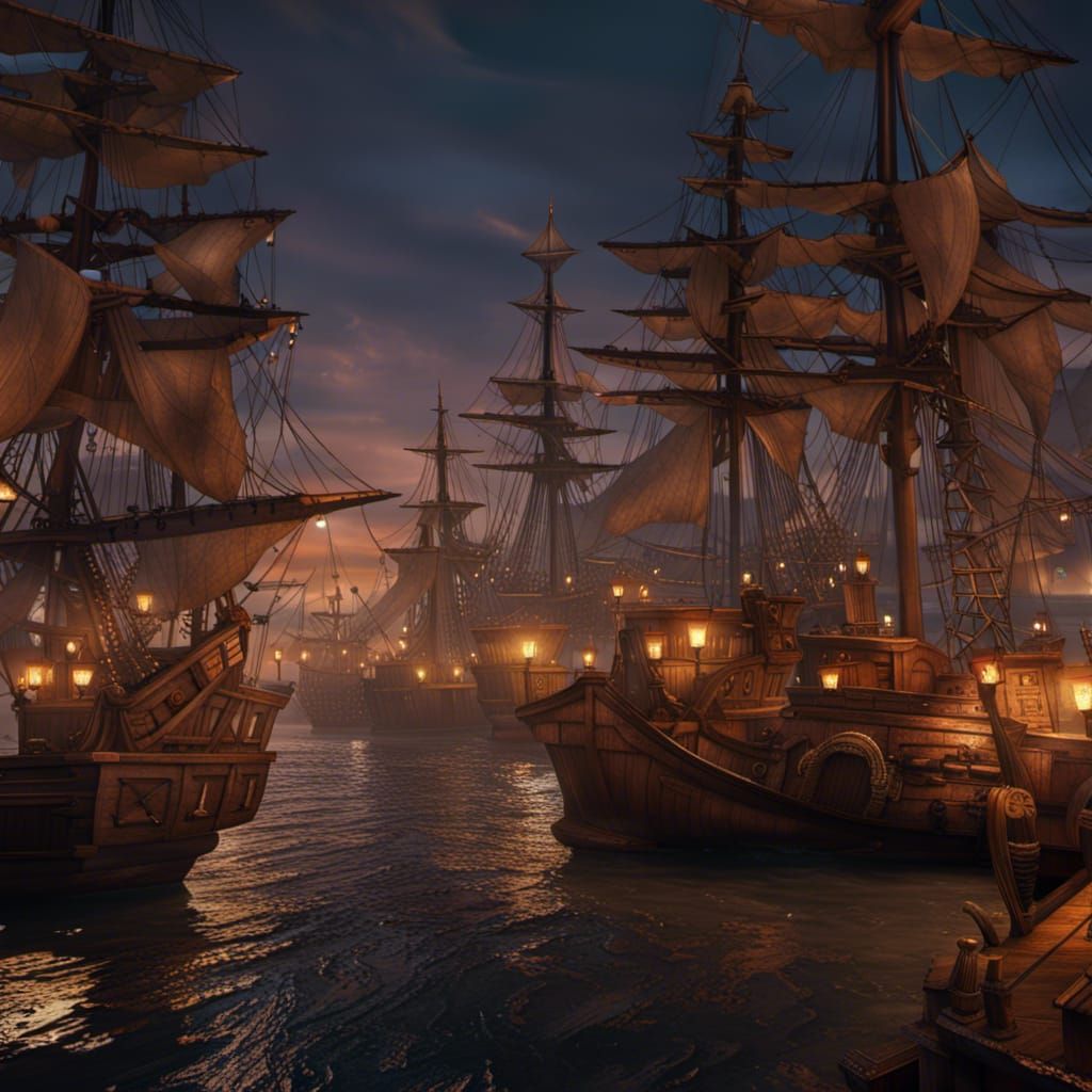 pirate port tortuga dusk lanterns harbor quayside barrels tall ships busy