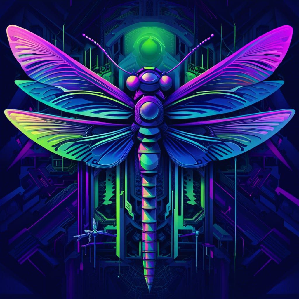Techno-Glitch Dragonfly in Cyberpunk Style