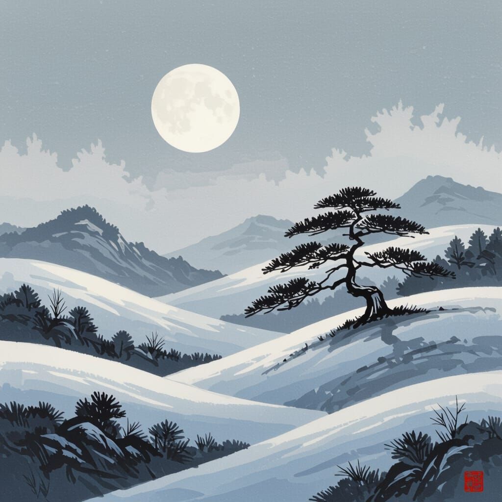 Sumi-e Painting of Snow-Covered Hills with Ancient Oak