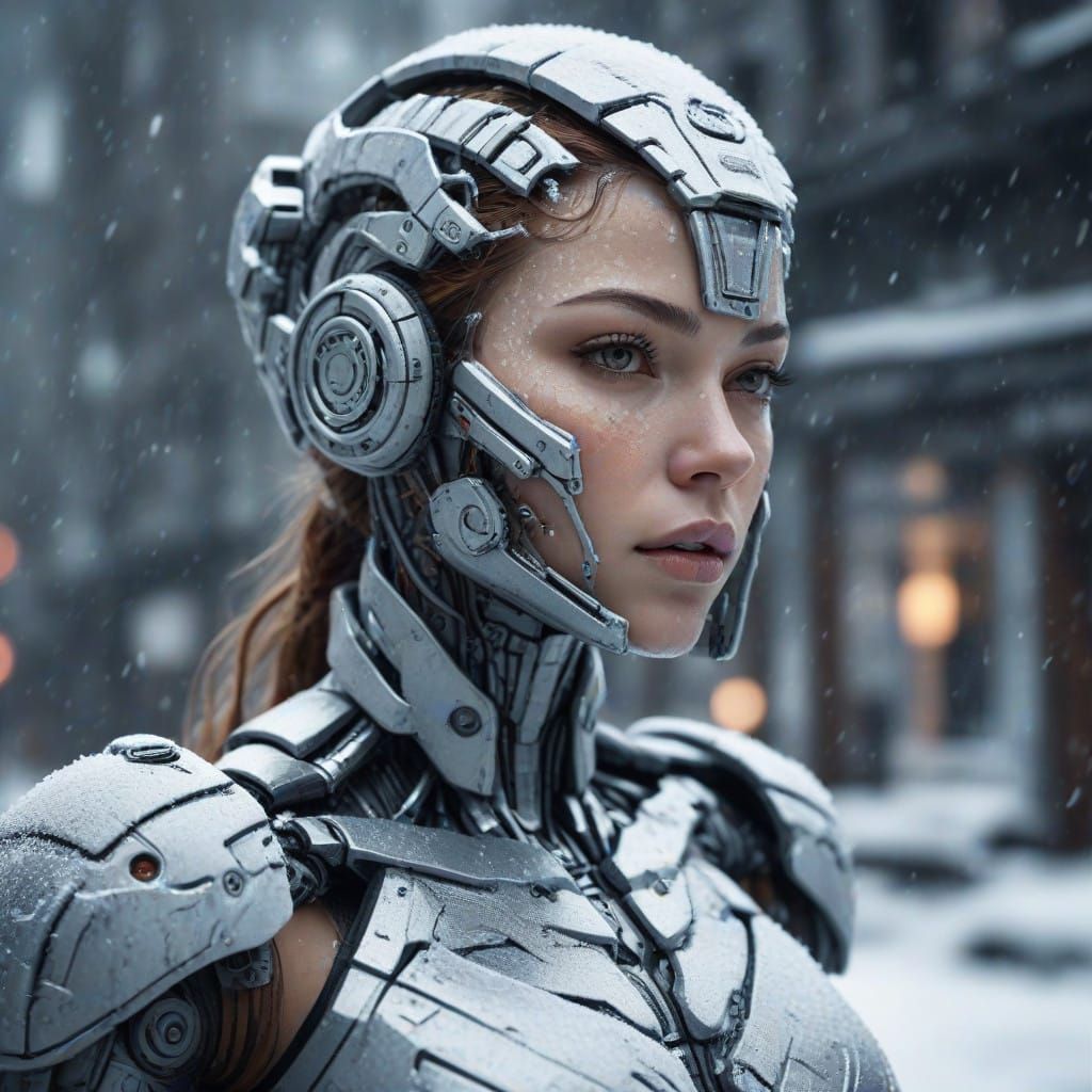 Hyperrealistic Cyborg Lady in Snowstorm