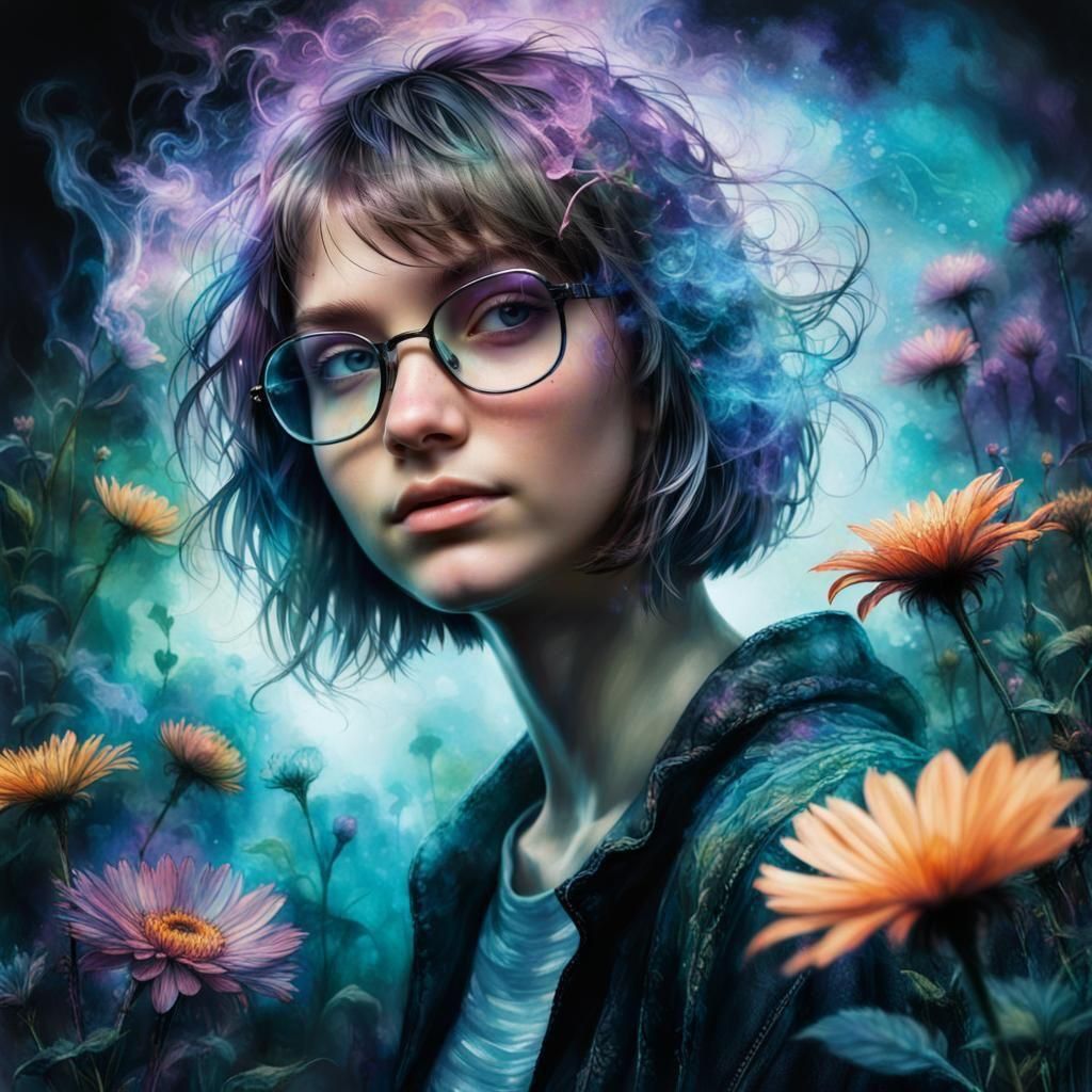 Happy Teen in Iridescent Dark Fantasy Garden