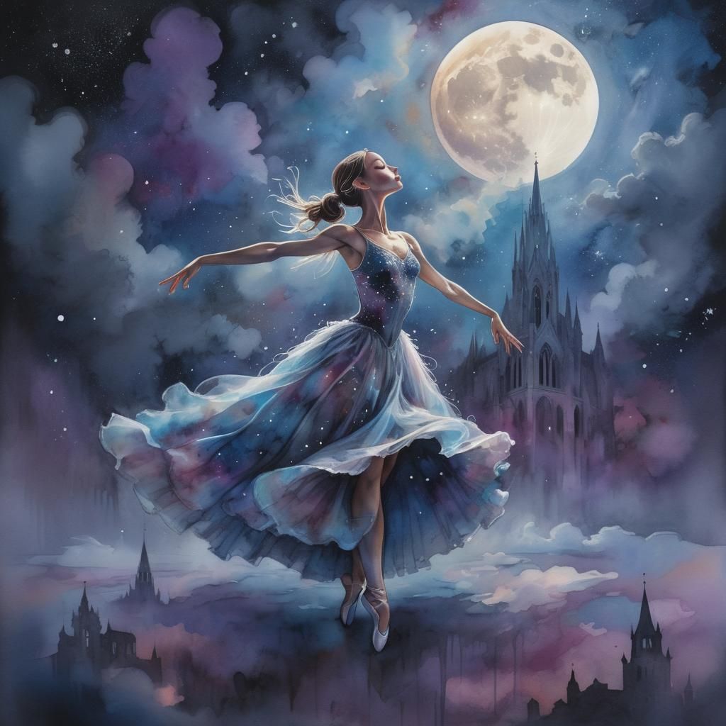 Ballerina Silhouette Dancing Under Supermoon: Watercolor and...