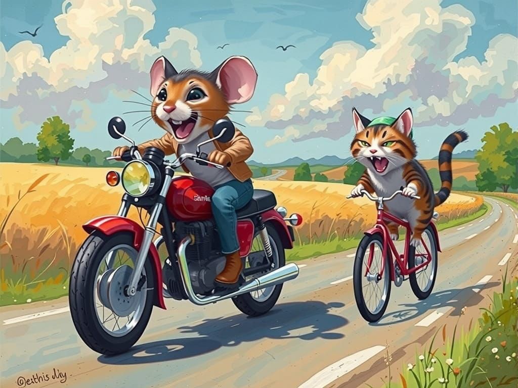 Mouse on Motorcycle Overtakes Cat, Watercolor Style