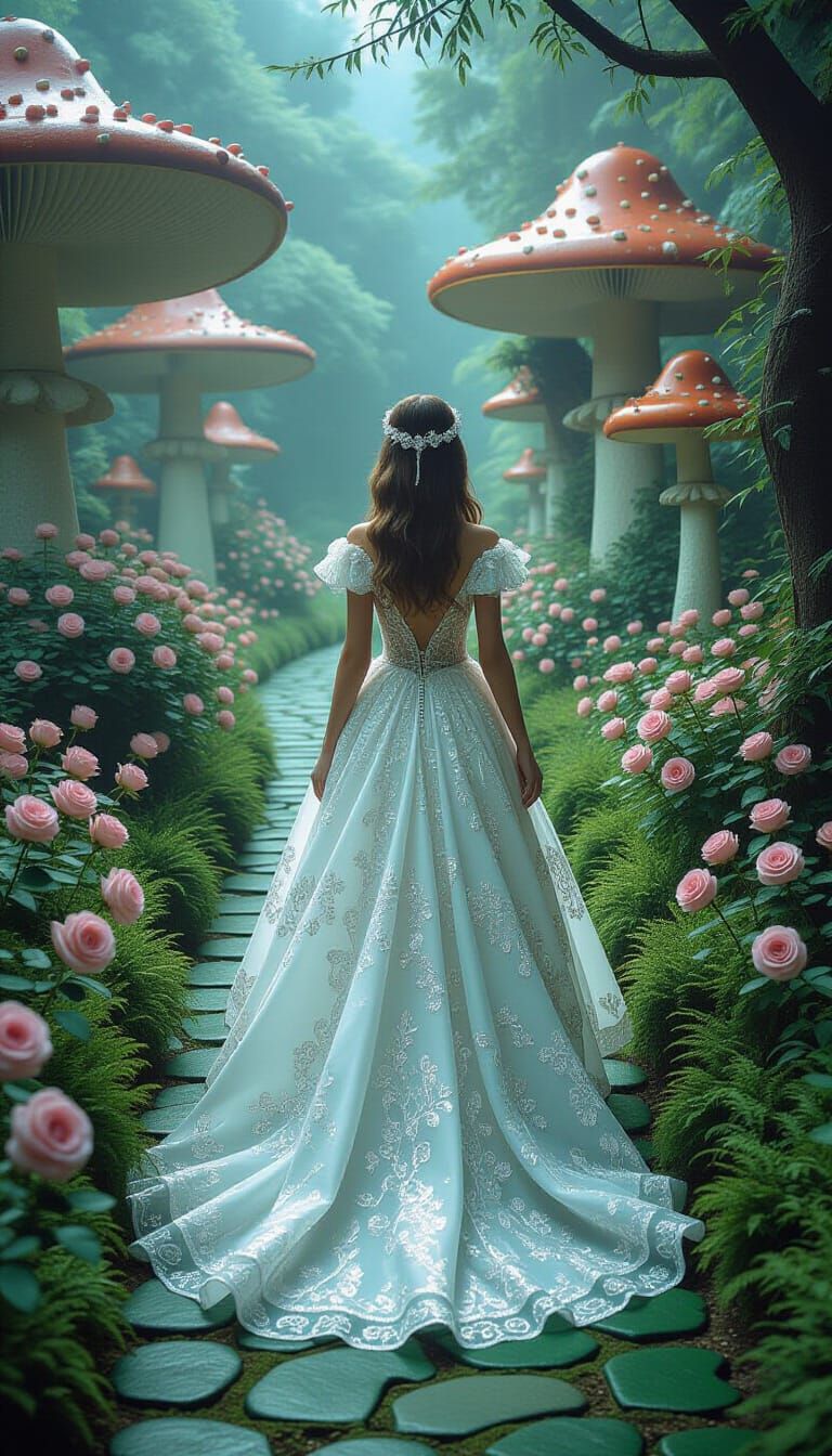 Alice on Emerald Road in a Dreamy Fantasy Landscape