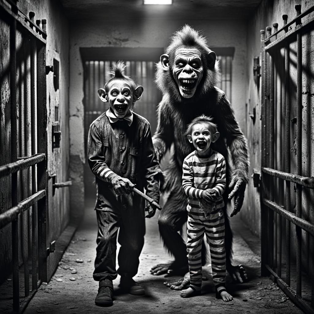 Zombie Monkey Clown Family: Black and White Prison Photo