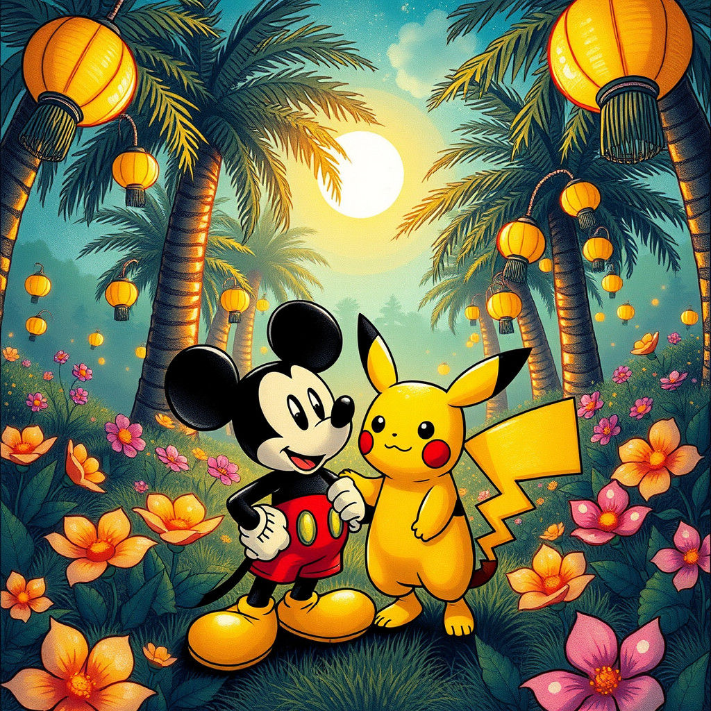 Mickey and Pikachu in Miyazaki-Moebius Fusion