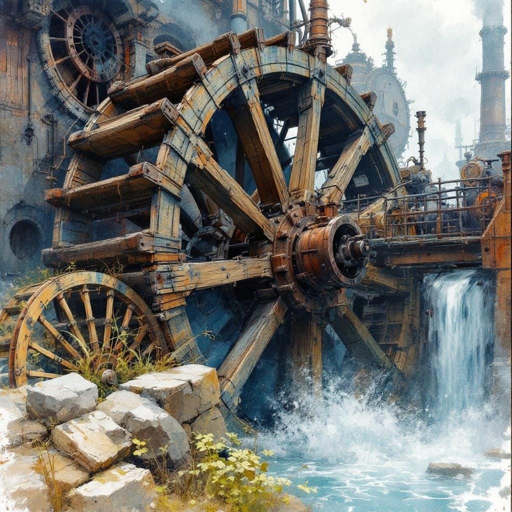 Steampunk Water Wheel in Splash Watercolour Style