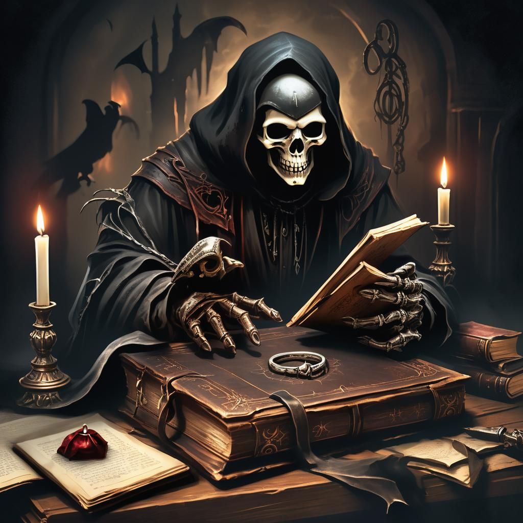 Grim Reaper , cursed ring, leather old book, small leather box