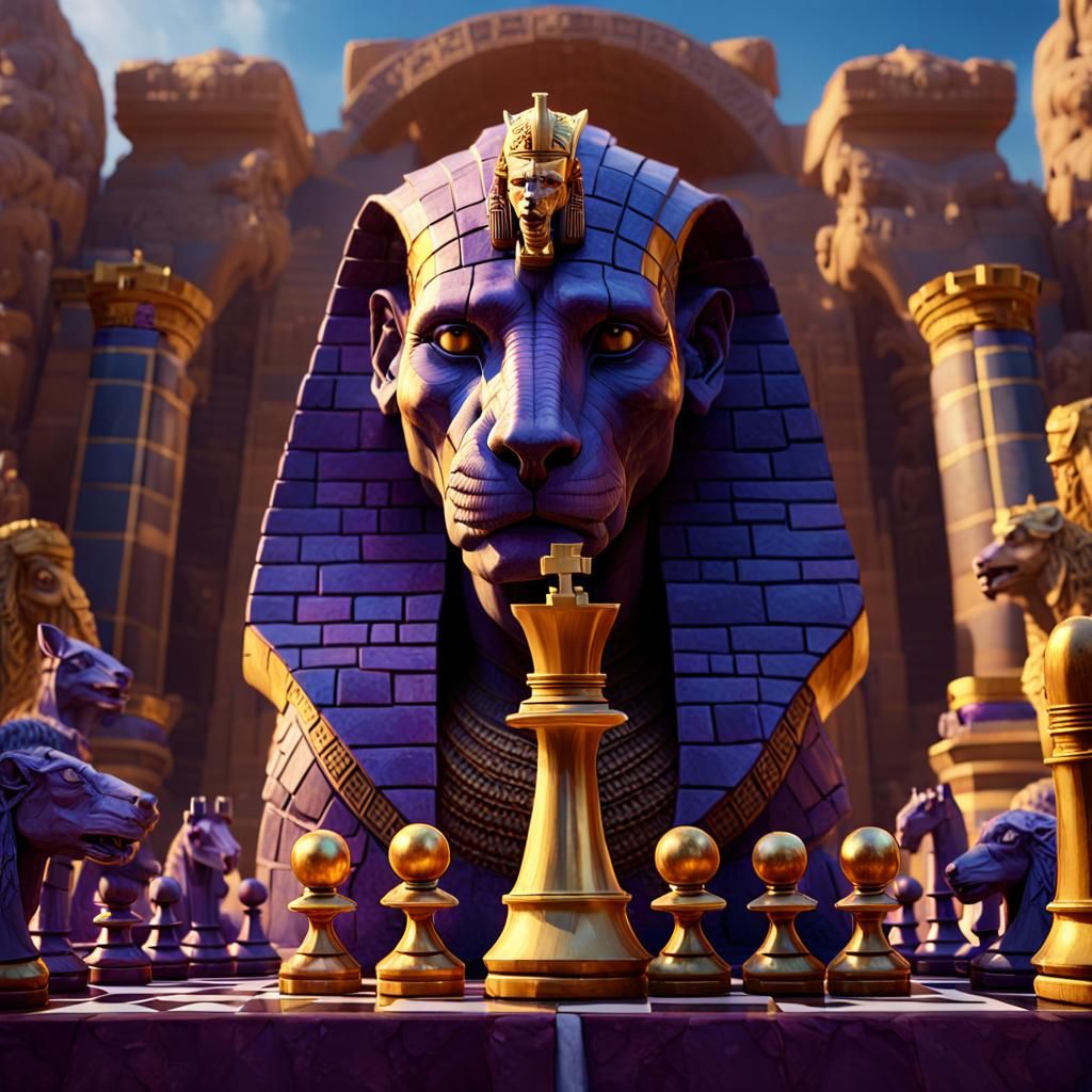 Egyptian Sphinx Plays Chess in Hyperrealistic Dark Fantasy
