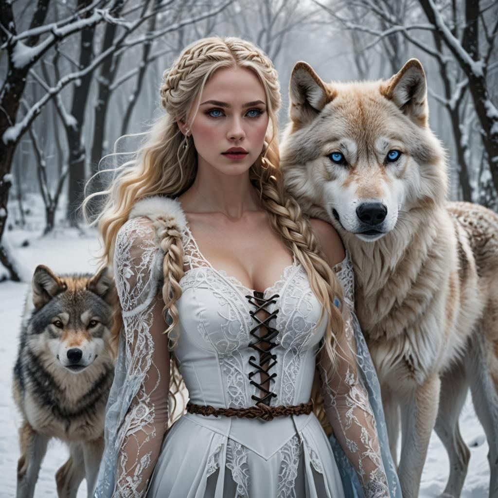 Blonde Woman Protected by White Wolf