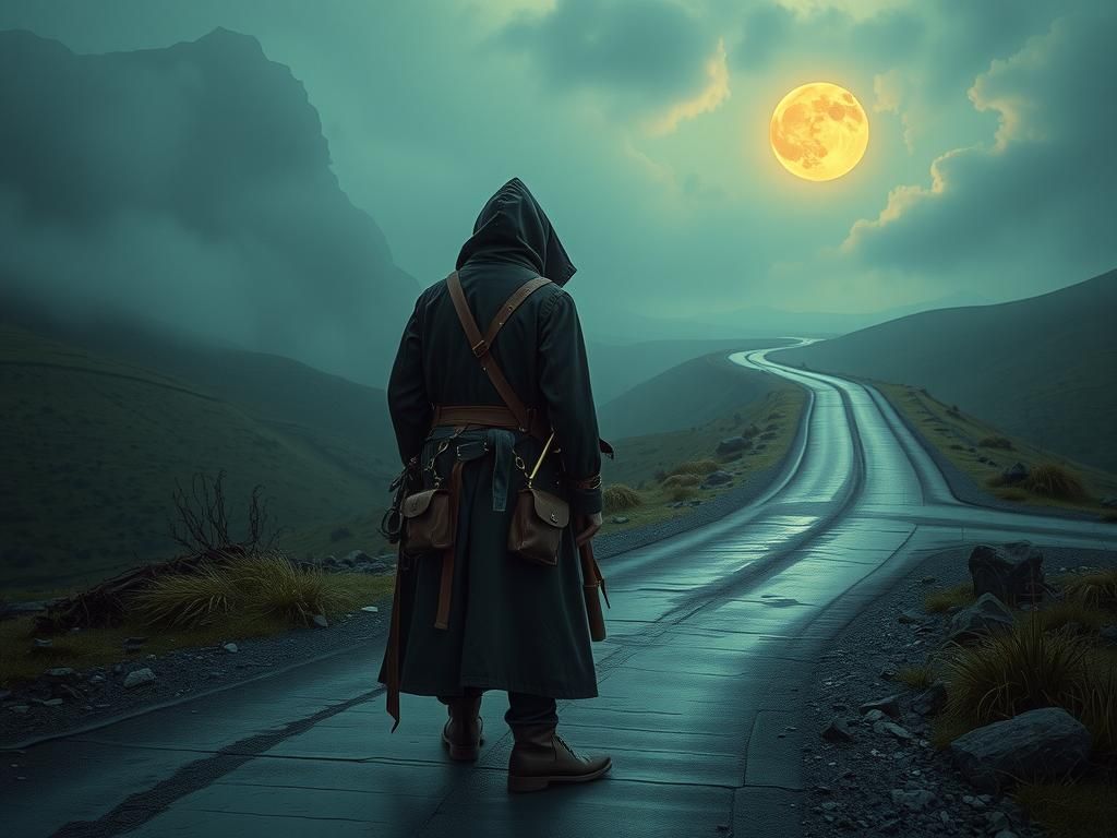 Mystical Figure at Crossroads: Surreal Industrial Landscape