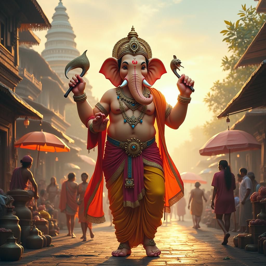 Ganesha in Ornate Attire in a Bustling Marketplace