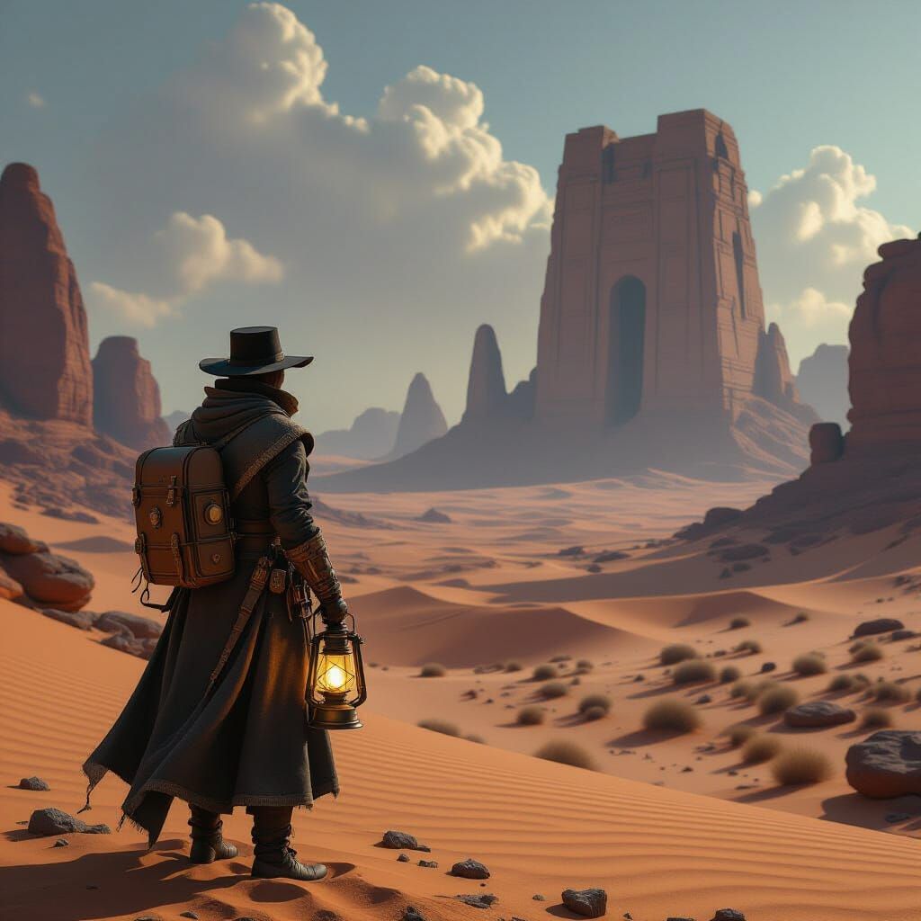 Victorian Explorer and Alien Desert Ruins
