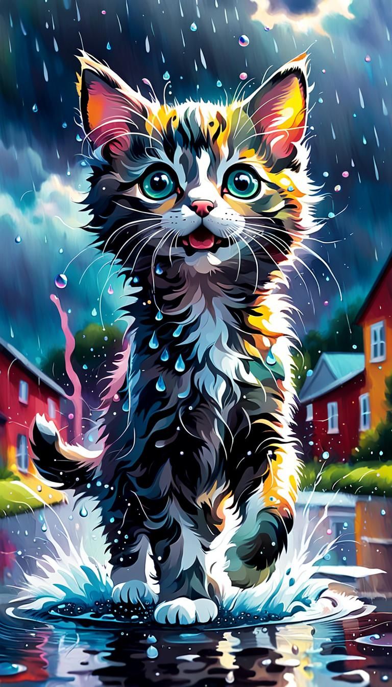 Kitten Splashing in Puddle with Fauvist Brushstrokes
