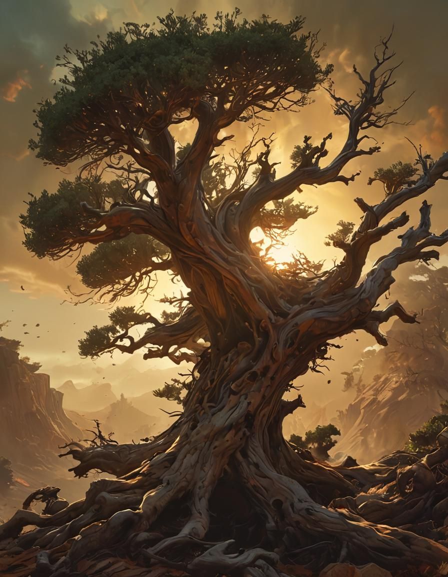 Wind-Gnarled Juniper in Epic Fantasy Art Style