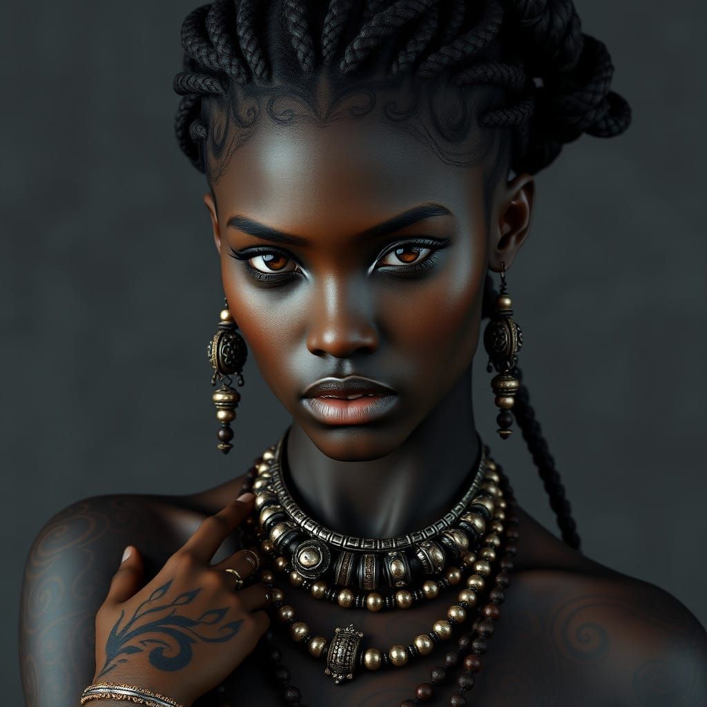 Hyper-Realistic Dark-Skinned Fantasy Warrior in Tribal Attir...