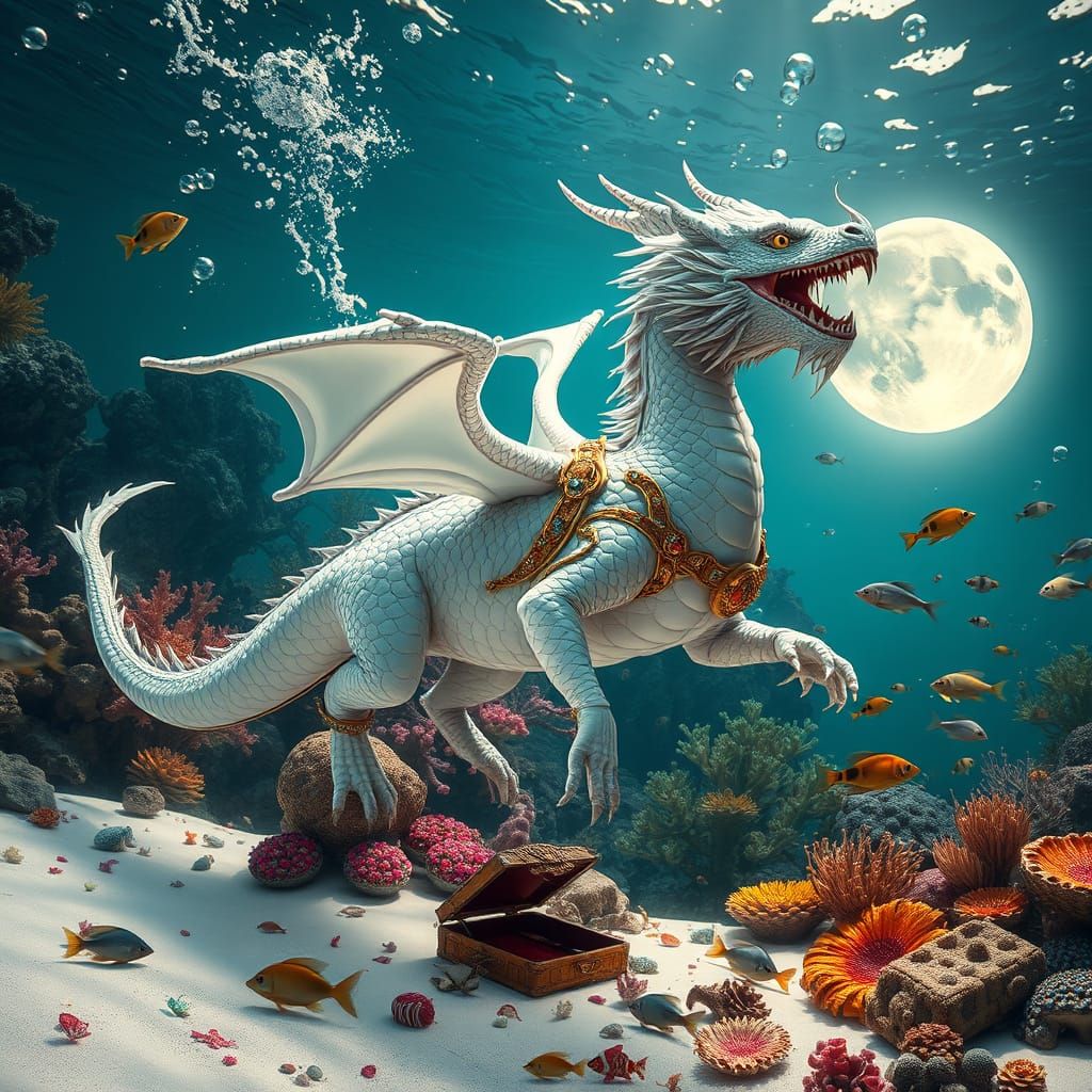 Dragon Swims in Crystal Water with Jewels and Corals