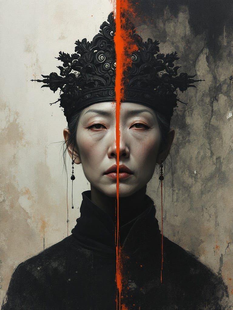 Hyperrealistic Portrait of Regal Asian Woman in Duality